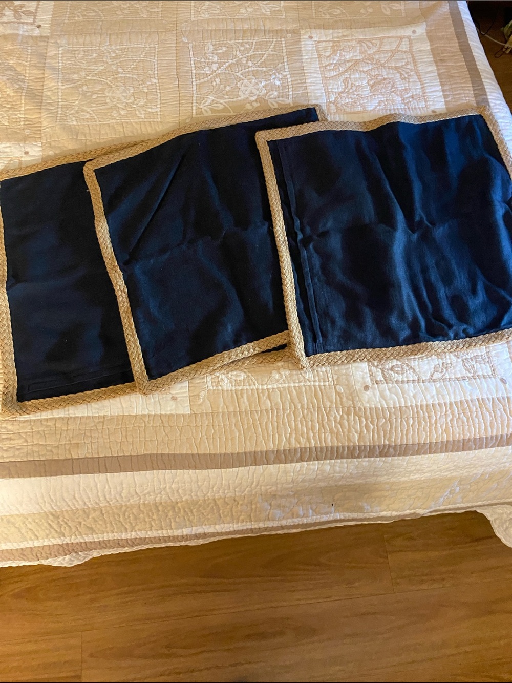 Pottery Barn Navy Blue Accent Pillows with Natural Trim